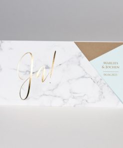 Huwelijksuitnodiging in marmerlook met goud en mint