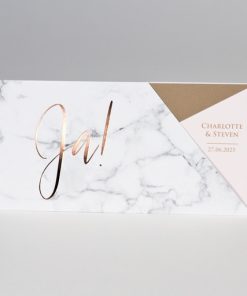 Huwelijksaankondiging in marmerlook met goud en roze
