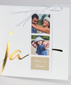 Witte huwelijksaankondiging JA met fotostrip