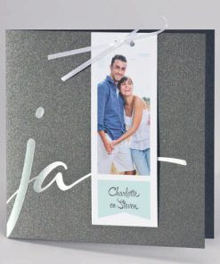Staalgrijze huwelijksaankondiging JA met fotostrip