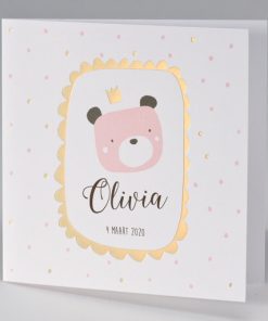 Geboortekaart met roze beertje en kader en kroon in goudfolie