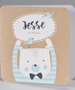 Kraft geboortekaart beer met blauw gestreepte trui