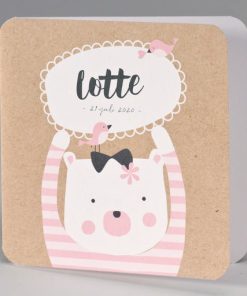 Kraft geboortekaart beer met roze gestreepte trui