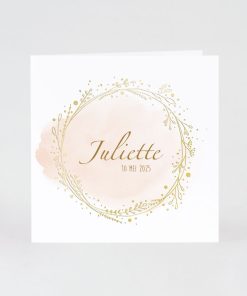 Soft roze geboortekaartje met goudfoliekrans