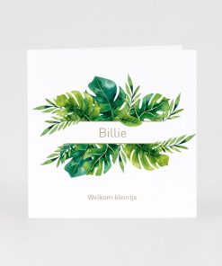 Boho geboortekaartje met groene tropical bladeren
