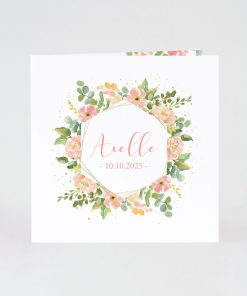 Geboortekaartje met kleurrijke aquarel bloemenkrans en goudfolie