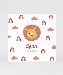 Geboortekaart leeuw met regenbogen en wolkjes