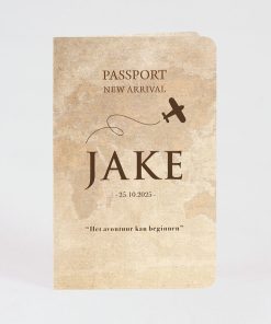 Luxe paspoort geboortekaart met vliegtuigje