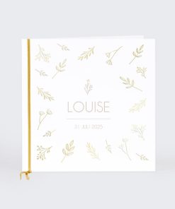 Geboortekaartje met kalk en fijne bloementjes in goudfolie