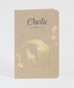 Eco geboortekaartje giraf met kleintje in goudfolie.