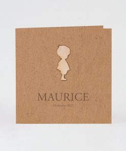 Bruin eco geboortekaartje met houten silhouet jongen - Mix and match