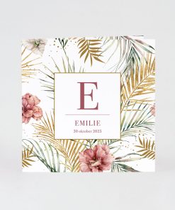 Geboortekaartje floralprint in rood en goud