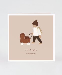 Abstracte geboortekaartje broer met kinderwagen in aardetinten