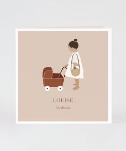 Abstracte geboortekaartje zus met kinderwagen in aardetinten