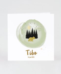 Trendy geboortekaartje met berenwelpje in goudfolie