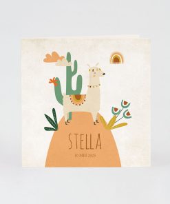 Trendy geboortekaartje met een vorlijke alpaca