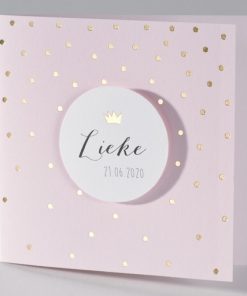 Roze geboortekaart met confetti in goudfolie