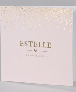 Roze geboortekaartje met blaadjes in goudfolie