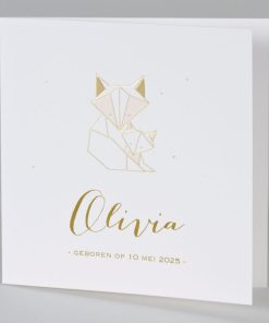 Trendy geboortekaartje met geometrische vos in roze en goudfolie