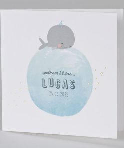 Vierkant geboortekaartje met feestelijke walvis