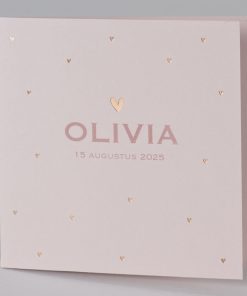 Nude geboortekaartje met hartjes in roségoudfolie