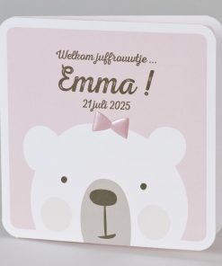 Geboortekaartje knuffelbeer meisje met roze strikje