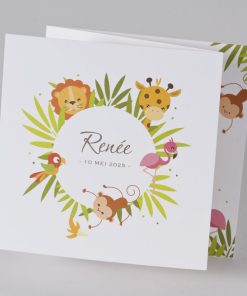 Kleurrijk drieluik geboortekaartje met lieve junglediertjes