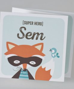 Geboortekaart vos met superheldenmasker