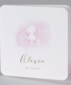 Lief geboortekaartje silhouet meisje in roze aquarel