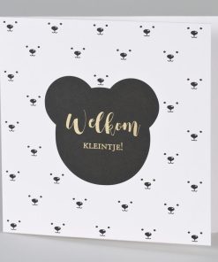 Zwart/wit geboortekaartje met berenkop en goudfolie