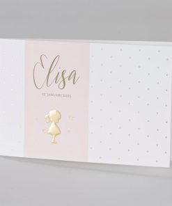 Langwerpig geboortekaartje met silhouet meisje en stipjes in goudfolie