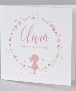 Geboortekaart roze silhouet meisje in bloemenkrans