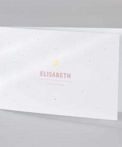 Glanzend wit geboortekaartje met roze stipjes