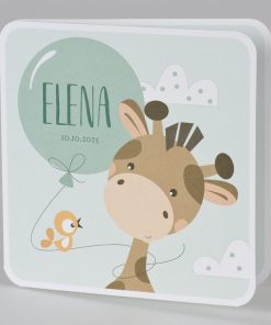 Mintgroen geboortekaartje met girafje en vogel