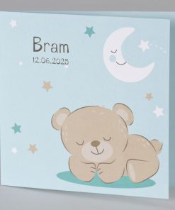 Geboortekaart slapend beertje in blauwgroene tinten