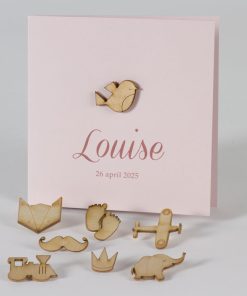 Nude geboortekaart met houten motiefje naar keuze