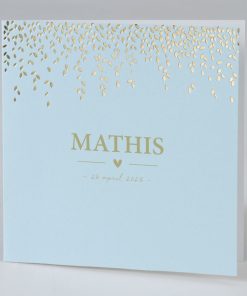 Lief blauw geboortekaartje met blaadjes in goudfolie