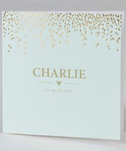 Geboortekaartje in munt met blaadjes in goudfolie