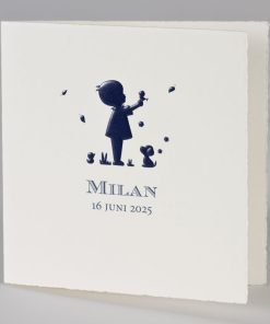 Oud-Hollandse geboortekaart met silhouet van jongen in donkerblauw