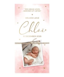 Geboortekaartje - Roze aquarel met gouden hartjes