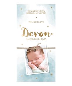 Geboortekaartje - Blauwe aquarel met gouden hartjes