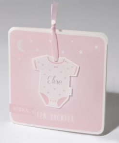 Geboortekaartje rompertje aan roze lint