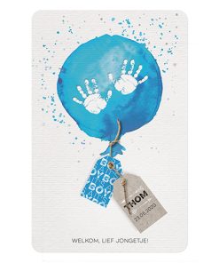 Grappig geboortekaartje met ballonillustratie en labeltjes